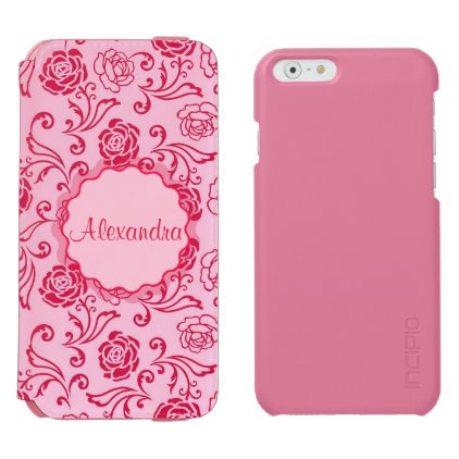 Floral lattice pattern of tea roses on pink name iPhone 6/6s wallet case