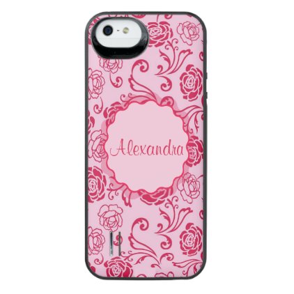 Floral lattice pattern of tea roses on pink name iPhone SE/5/5s battery case