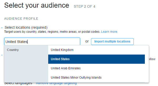 Select target locations for your Twitter ad campaign.