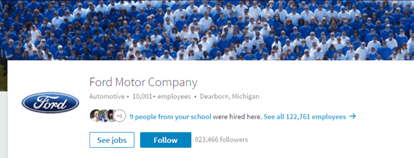 Ford Motor Company's LinkedIn page includes relevant images and up-to-date details.
