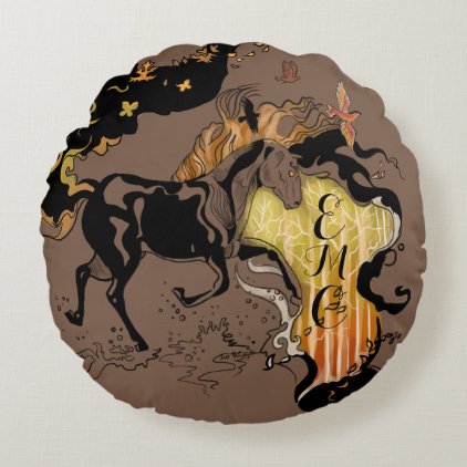 Stylized Silhouette Monogram Horse Round Pillow