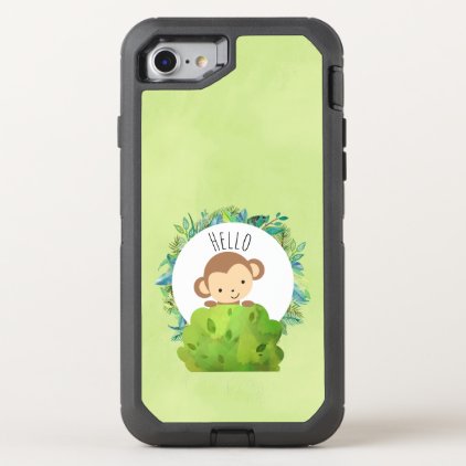 Cute Monkey Peeking Out from Behind a Bush Hello OtterBox Defender iPhone 7 Case