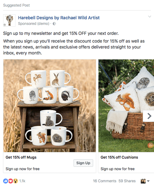 This ecommerce company is promoting a discount code lead magnet in a Facebook ad.