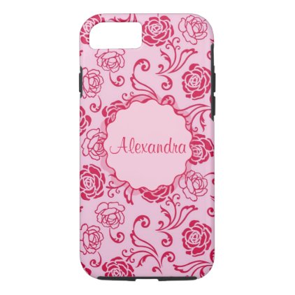 Floral lattice pattern of tea roses on pink name iPhone 7 case