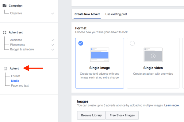 The bottom level of the Facebook campaign structure is where you choose your ad creative.