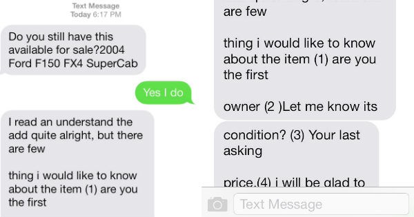 Small car dealer trolls persistent spammer from craigslist ad in awesome texting conversation.