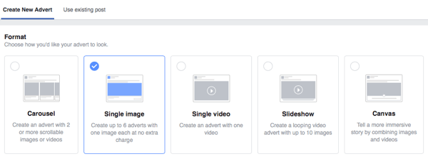 Select one of five different Facebook ad formats.
