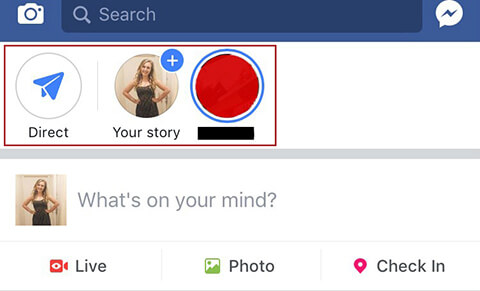 Accessing Facebook Stories and the Direct inbox.