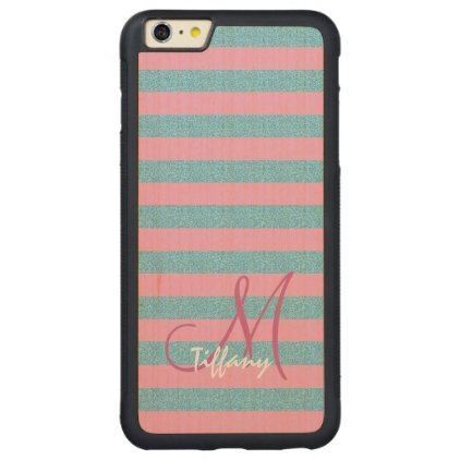 Pink and sky blue aqua glitter stripes monogram carved® maple iPhone 6 plus bumper