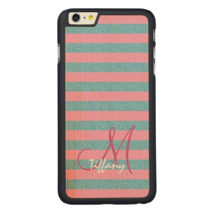 Pink and sky blue aqua glitter stripes monogram carved® maple iPhone 6 plus case