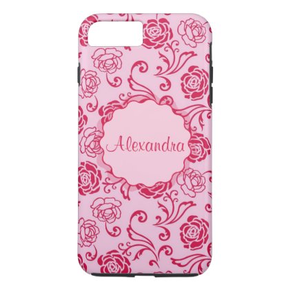 Floral lattice pattern of tea roses on pink name iPhone 7 plus case