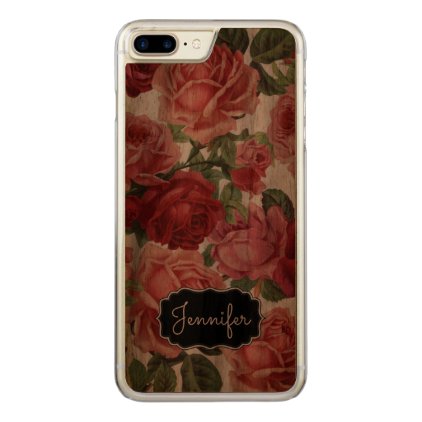 Chic Elegant Vintage Pink Red roses floral name Carved iPhone 7 Plus Case