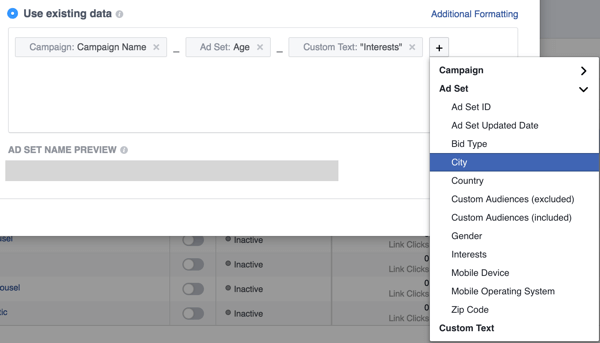 Add fields to set up your Facebook ads naming convention.