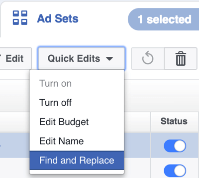 In Power Editor, click Quick Edits and select Find and Replace from the drop-down menu.