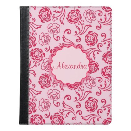 Floral lattice pattern of tea roses on pink name iPad case