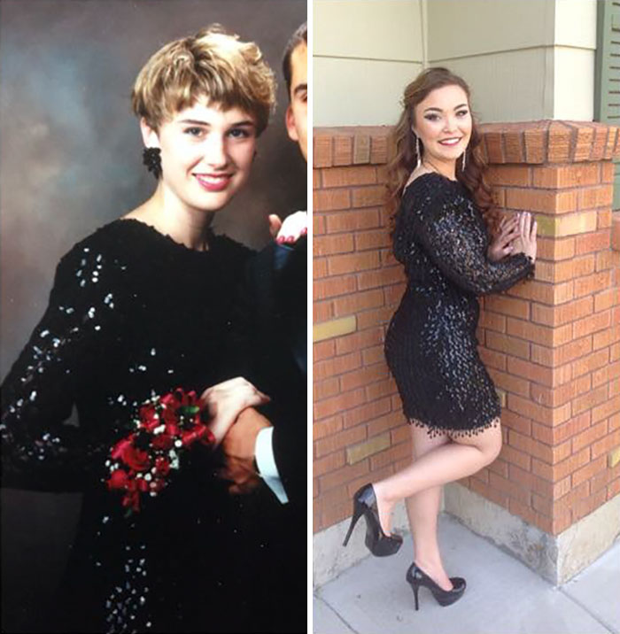 Me At Prom On The Left In 1990. My Daughter In My Dress Going To Her Prom In 2014