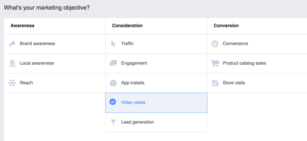 Choose an objective for your Facebook ad campaign.
