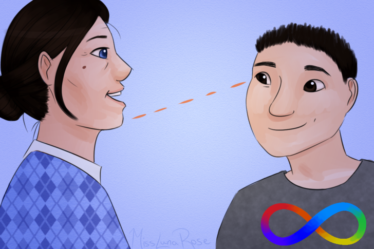 Autistic Boy Feigns Eye Contact While Talking to Woman.png