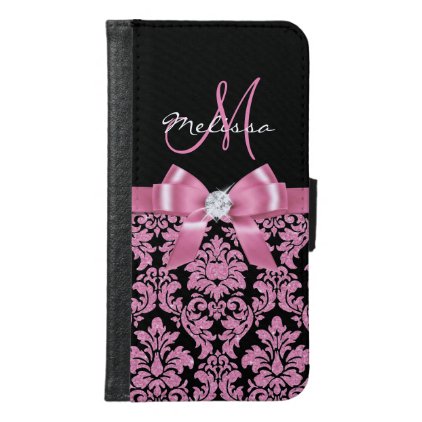 Elegant, Pink glitter Black Damask, Bow, Monogram Samsung Galaxy S6 Wallet Case