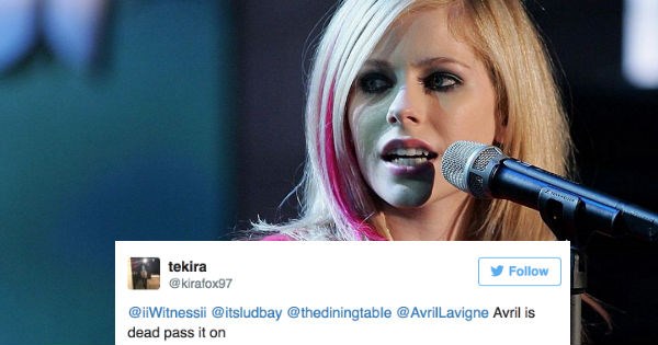 People are trolling Avril Lavigne on Twitter about how she's dead, while she's not.