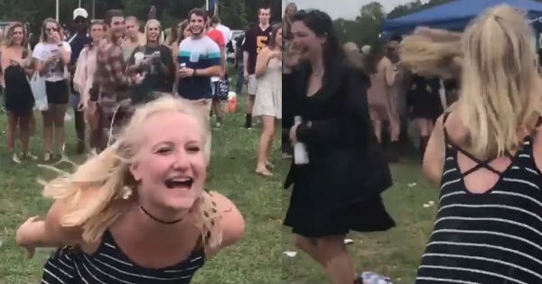 Drunk girl tries to fight other girl and gets kicked right in the private part.
