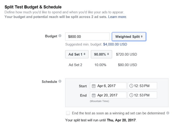 Facebook lets you control how much budget to allocate to each ad set.