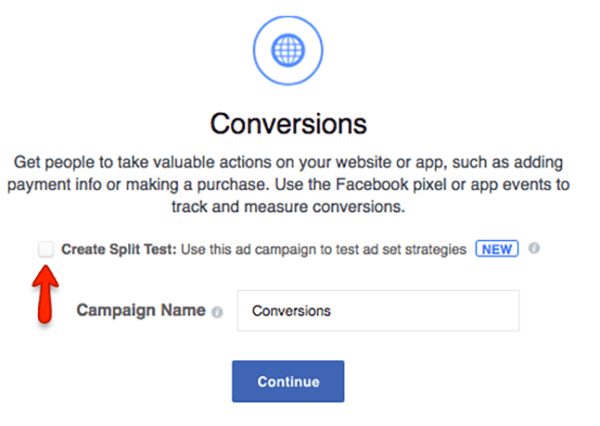Check the box to create a split test for your Facebook campaign.