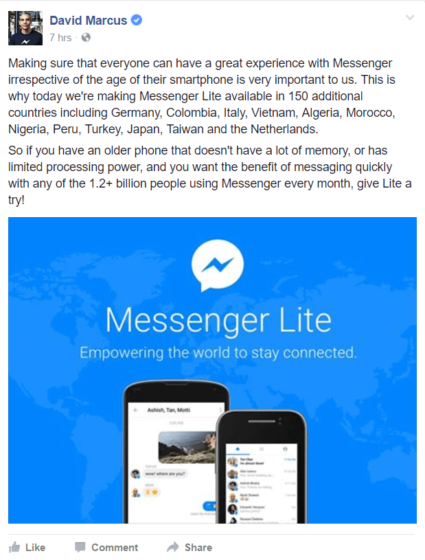 Facebook Messenger Lite is now available in more countries around the world.