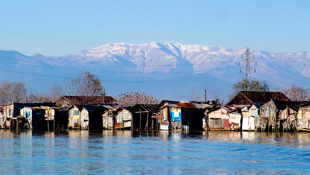 The huts of fishermen on the Caspian sea shore