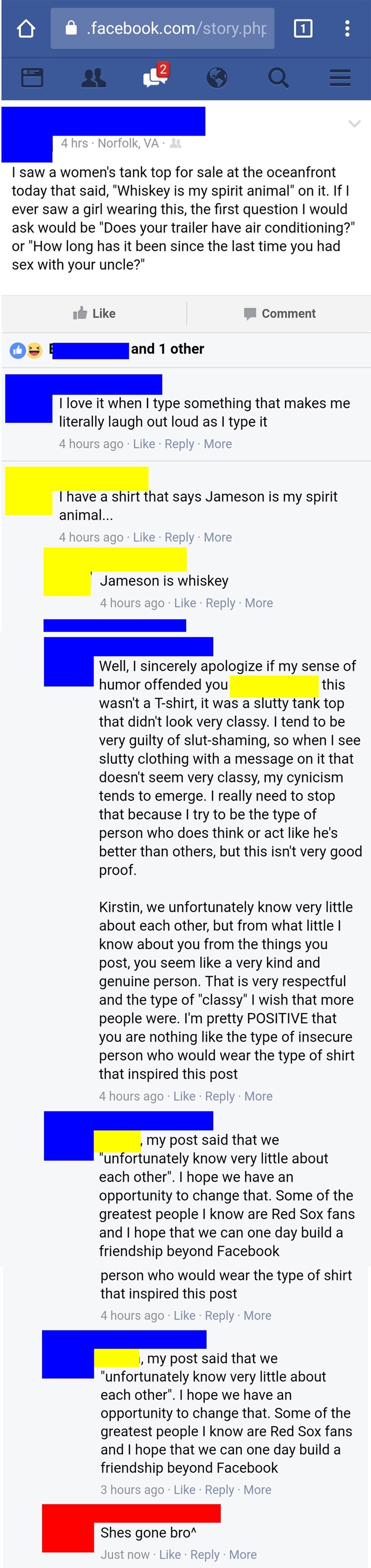 guy makes a cringey post about girls who wear whiskey t-shirts and then backpedals when a girl responds 