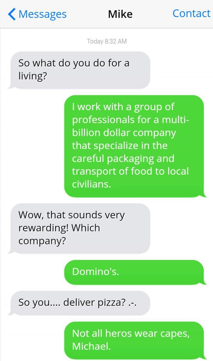 guy who works for dominoes exaggerates his qualifications 
