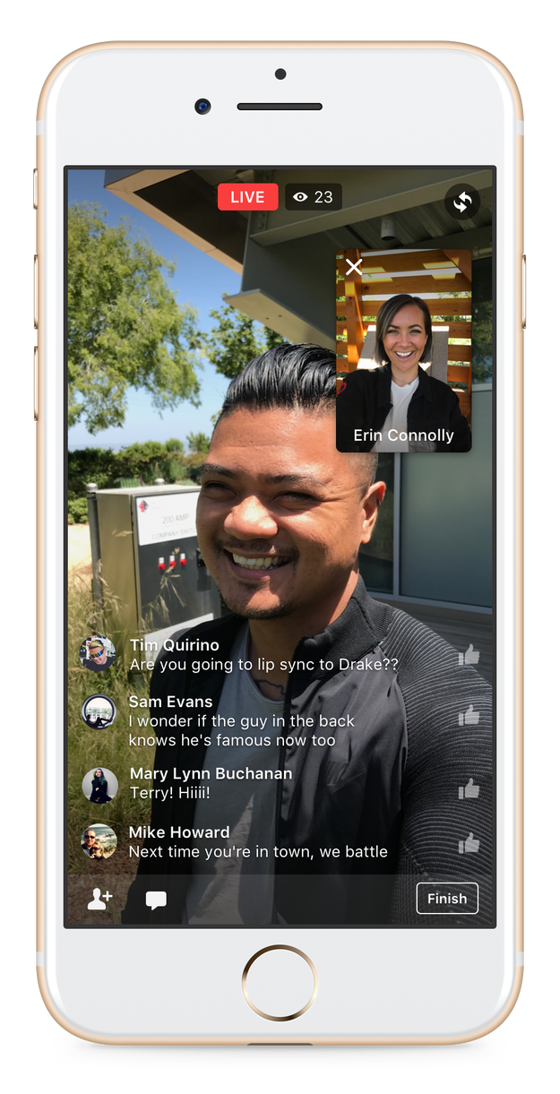 The next feature lets you do a joint live broadcast with a friend in a different location. It's basically like letting other people watch your Skype or Facetime with your BFF.
