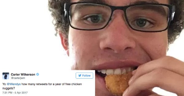 Guy starts campaign to get retweets and ends up winning year's worth of chicken nuggets from Wendy's.