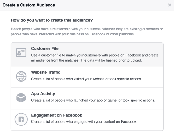 Select Customer File to create your Facebook custom audience of newsletter subscribers.