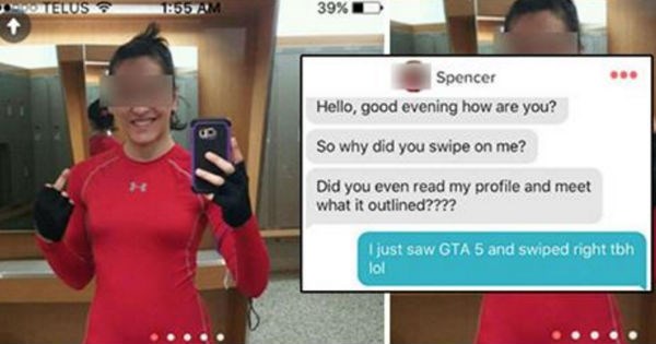 Woman has full meltdown on Tinder and proceeds to get brutally trolled - cover image of mirror selfie of woman in jump suit, and a man responding that he accidentally swiped on her profile because he was playing a video game right beforehand. 