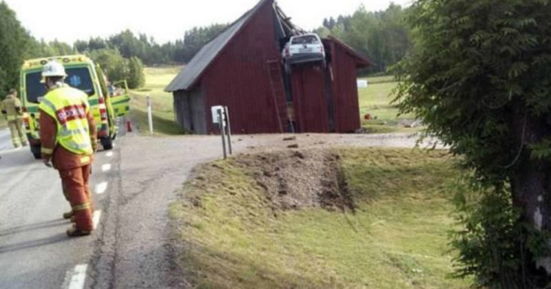 guy gets his car stuck in the top of a barn - cover image for a list of people who shouldn't be driving