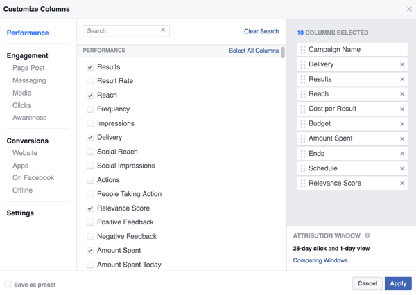 Select the data you want to see in your Facebook campaign results table.