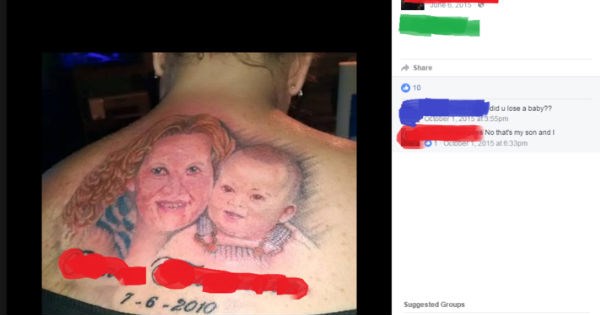 Funny collection of cringe moments that will make you feel uncomfortable - cover images of horrible tattoo of a woman's baby and someone asks if it died because of how the date is written.