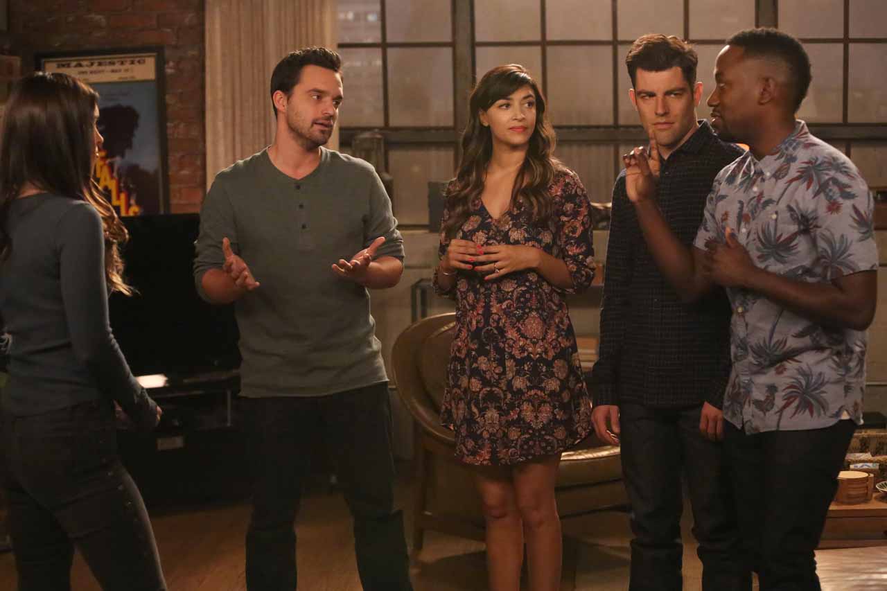 NEW GIRL: L-R: Guest star Megan Fox, Jake Johnson, Hannah Simone, Max Greenfield and Lamorne Morris in the "Wig" episode of NEW GIRL airing Tuesday, Feb. 16 (8:00-8:30 PM ET/PT) on FOX. Â©2016 Fox Broadcasting Co. Cr: Adam Taylor/FOX