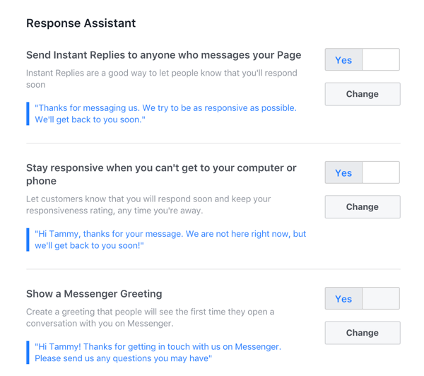 Configure any quto-responses you want to use for your Facebook business page.