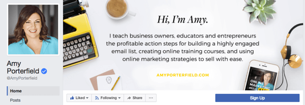 Amy Porterfield has a business page that features a professional profile photo and a cover page that highlights the products and services her business offers.