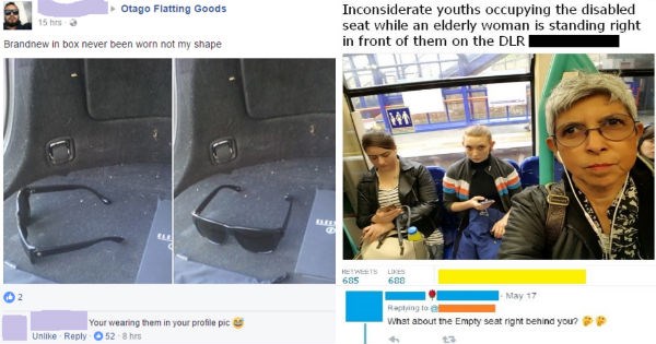 Ten of our favorite times people got wrecked on social media because they were being dumb - cover image of old woman who claimed youths wouldn't get up for her, but with empty seat clearly next to them, and someone trying to sell sunglasses as never been worn and is wearing them in his profile picture.