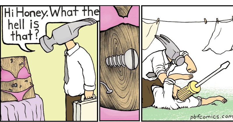 funny comics from pbf comics where a hammer finds a screw in his wife