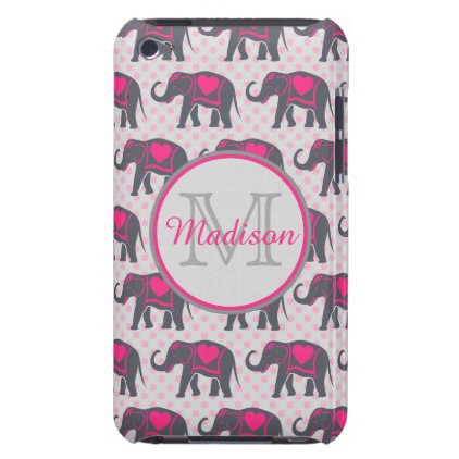 Gray Hot Pink Elephants on pink polka dots, name iPod Touch Cover