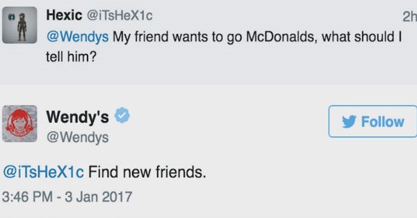 14 of our favorite times Wendy's replied with hilarious banter to people on social media - cover image of a burn on McDonald's and finding new friends if that is what they want.