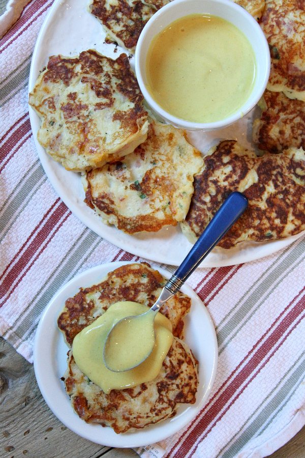 Ham and Cheese Potato Pancakes with Honey Mustard Sauce - recipe from RecipeGirl.com