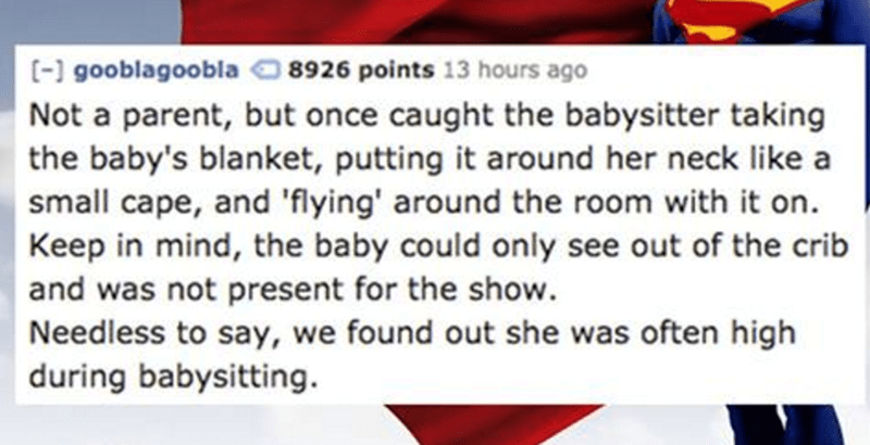 Parents share stories of the craziest things they've ever seen on baby monitors - cover graphic of tweet about baby sitter that wore the baby blanket to fly around the room because she was high.