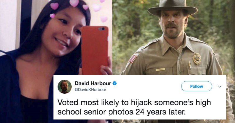 Stranger Things star David Harbour makes good on his promise to crash a girl's senior pics after enough retweets.