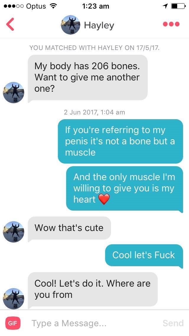 Picture of Tinder conversation that gets dumb very quickly. 