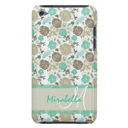 Lush pastel mint green, beige roses on white name iPod touch case